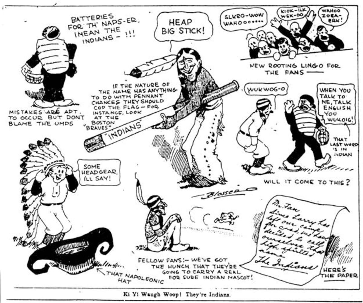 A January 1915 cartoon in the Cleveland Plain Dealer that accompanied the announcement that Cleveland's baseball team would be named the "Indians."