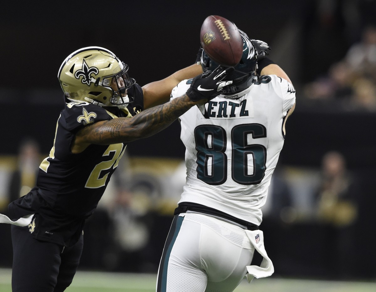 Jan 13, 2019; New Orleans, LA, USA; New Orleans Saints strong safety Vonn Bell (24) breaks up a pass against Philadelphia Eagles tight end Zach Ertz (86) during the fourth quarter of a NFC Divisional playoff football game at Mercedes-Benz Superdome. Mandatory Credit: John David Mercer-USA TODAY Sports