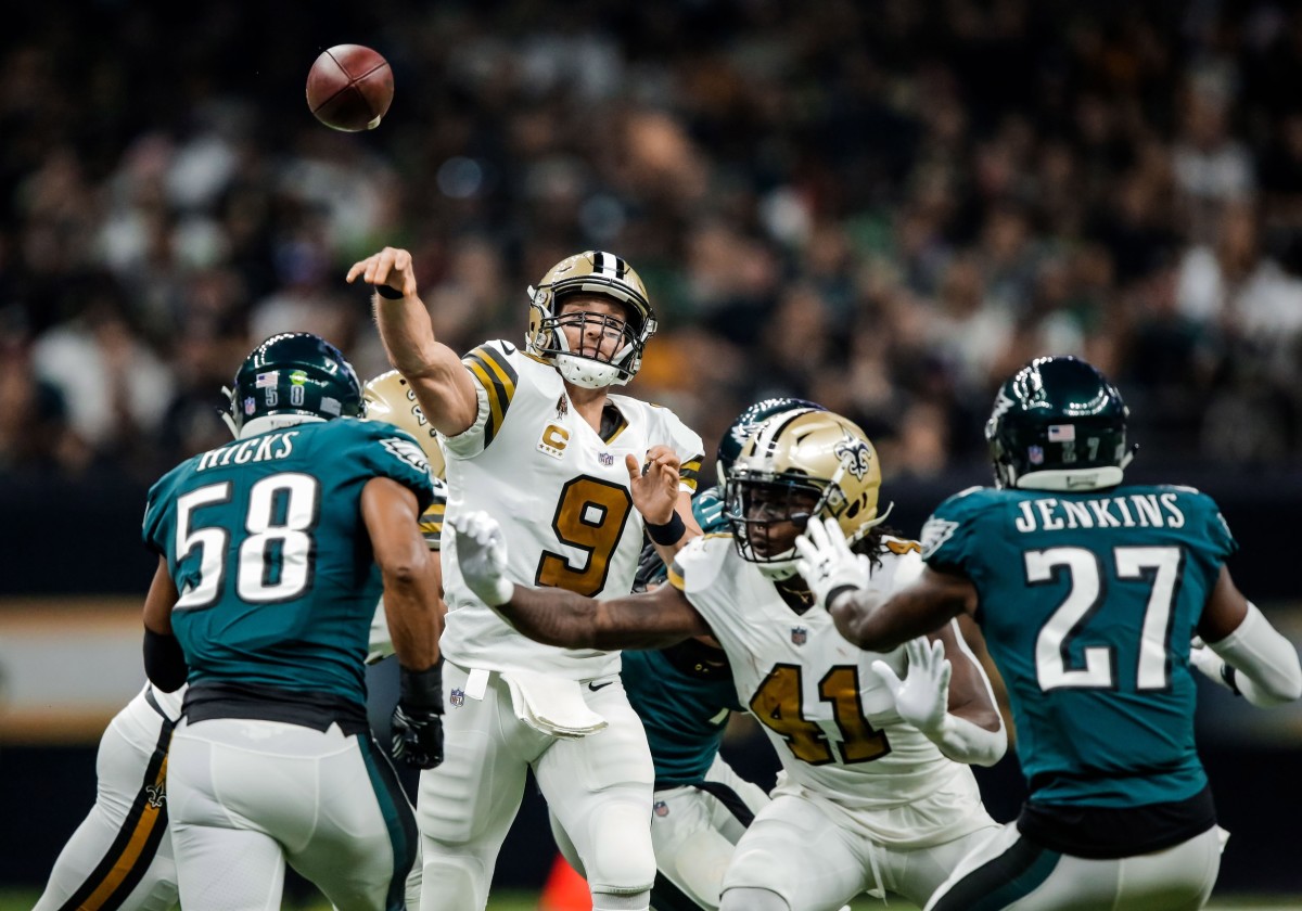 Nov 18, 2018; New Orleans, LA, USA; New Orleans Saints quarterback Drew Brees (9) throws the football in the game against the Philadelphia Eagles during the first quarter at the Mercedes-Benz Superdome. Mandatory Credit: Derick E. Hingle-USA TODAY Sports