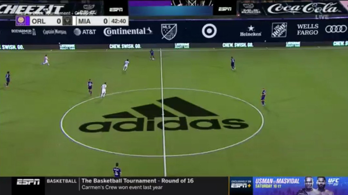 Screenshot of ESPN MLS broadcast showing ads on screen