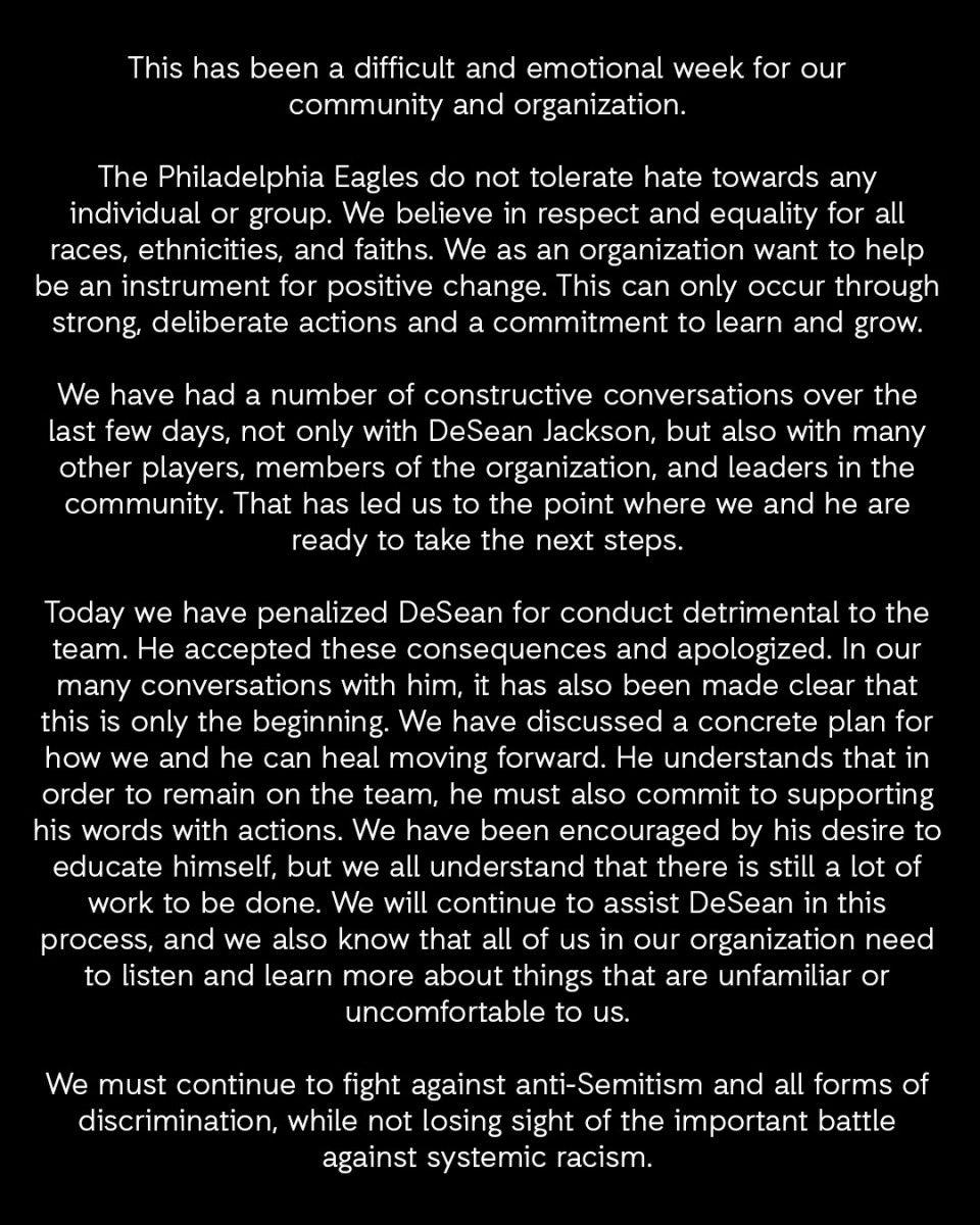 Eagles statement on penalizing DeSean Jackson