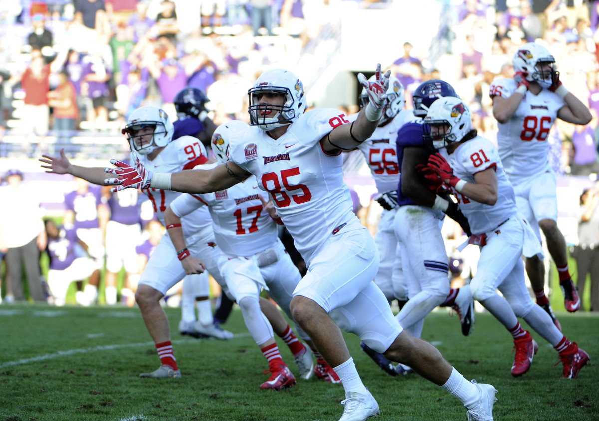 Illinois State Redbirds tight end Tylor Petkovich (85) reacts after his team wins against the Northwestern Wildcats at Ryan Field. The Illinois State Redbirds won 9-7.