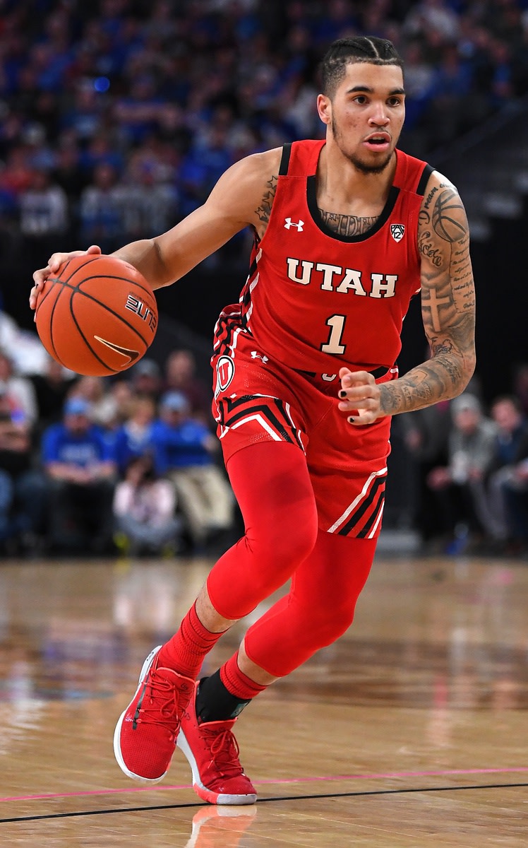 Dec 18, 2019; Las Vegas, NV, USA; Utah Utes forward Timmy Allen (1) dribbles during the first half against the Kentucky Wildcats at T-Mobile Arena. Mandatory Credit: Stephen R. Sylvanie-USA TODAY Sports