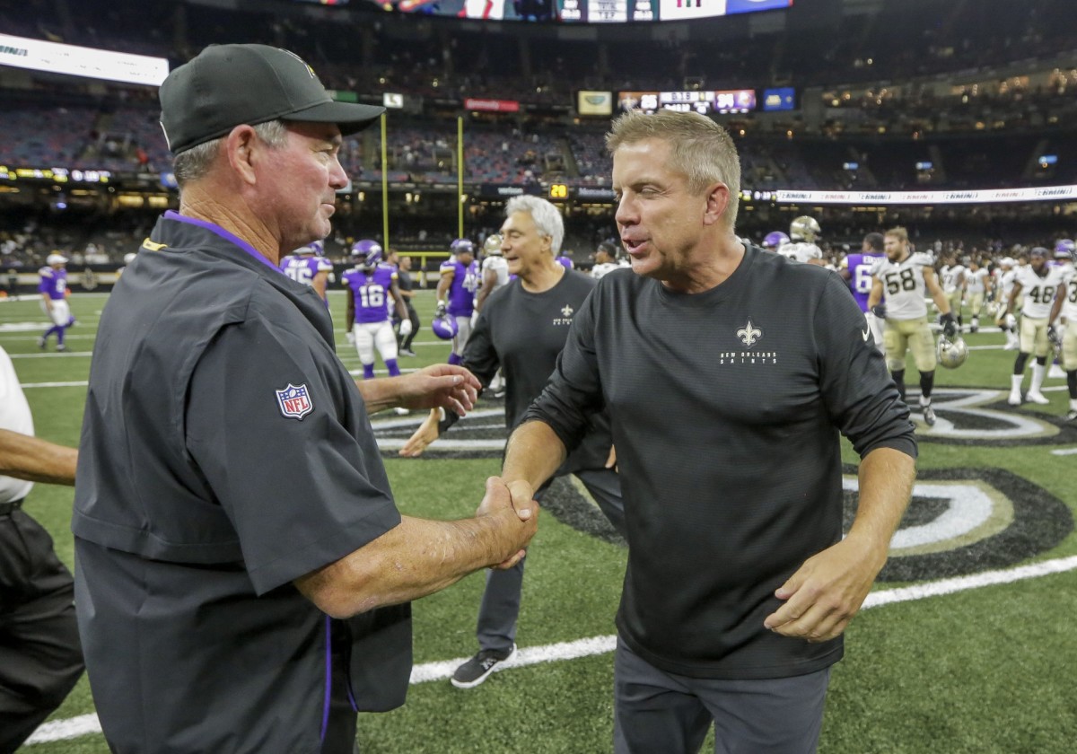 Aug 9, 2019; New Orleans, LA, USA; New Orleans Saints head coach Sean Payton (right) and Minnesota Vikings head coach Mike Zimmer shake hands after a preseason game at the Mercedes-Benz Superdome. Mandatory Credit: Derick E. Hingle-USA TODAY Sports