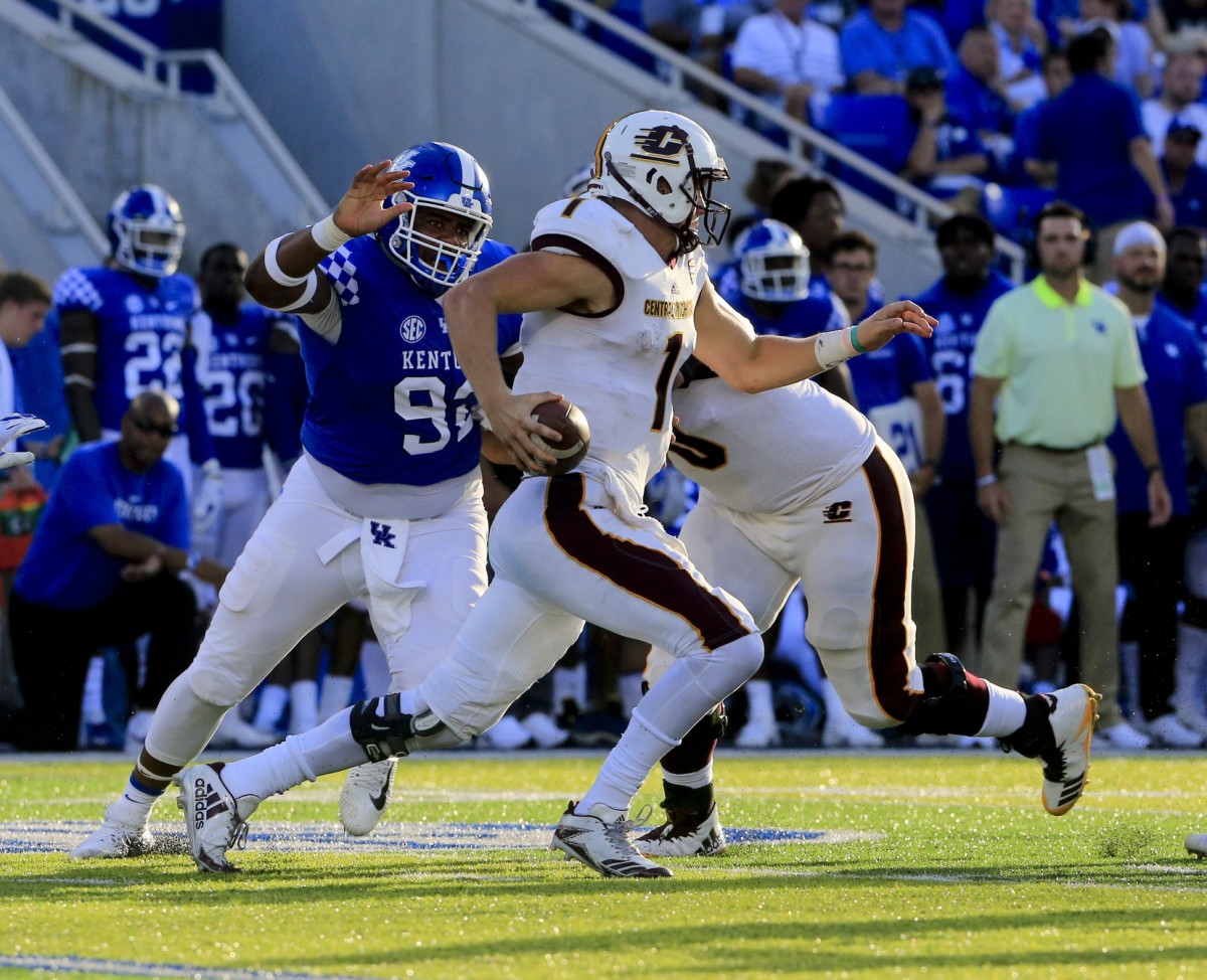 Sep 1, 2018; Lexington, KY, USA; Shown here playing quarterback, Central Michigan Chippewas' Tony Poljan (1) runs the ball against the Kentucky Wildcats in the second half at Kroger Field. Kentucky defeated Central Michigan 35-20. Mandatory Credit: Mark Zerof-USA TODAY Sports