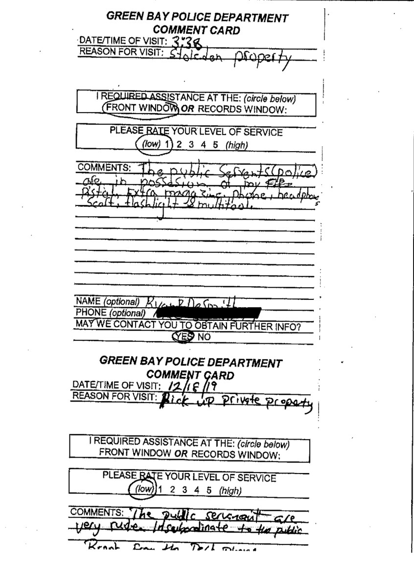 Green Bay Police Department comments cards from the arrested members of Kabeer Gbaja-Biamila's ministry
