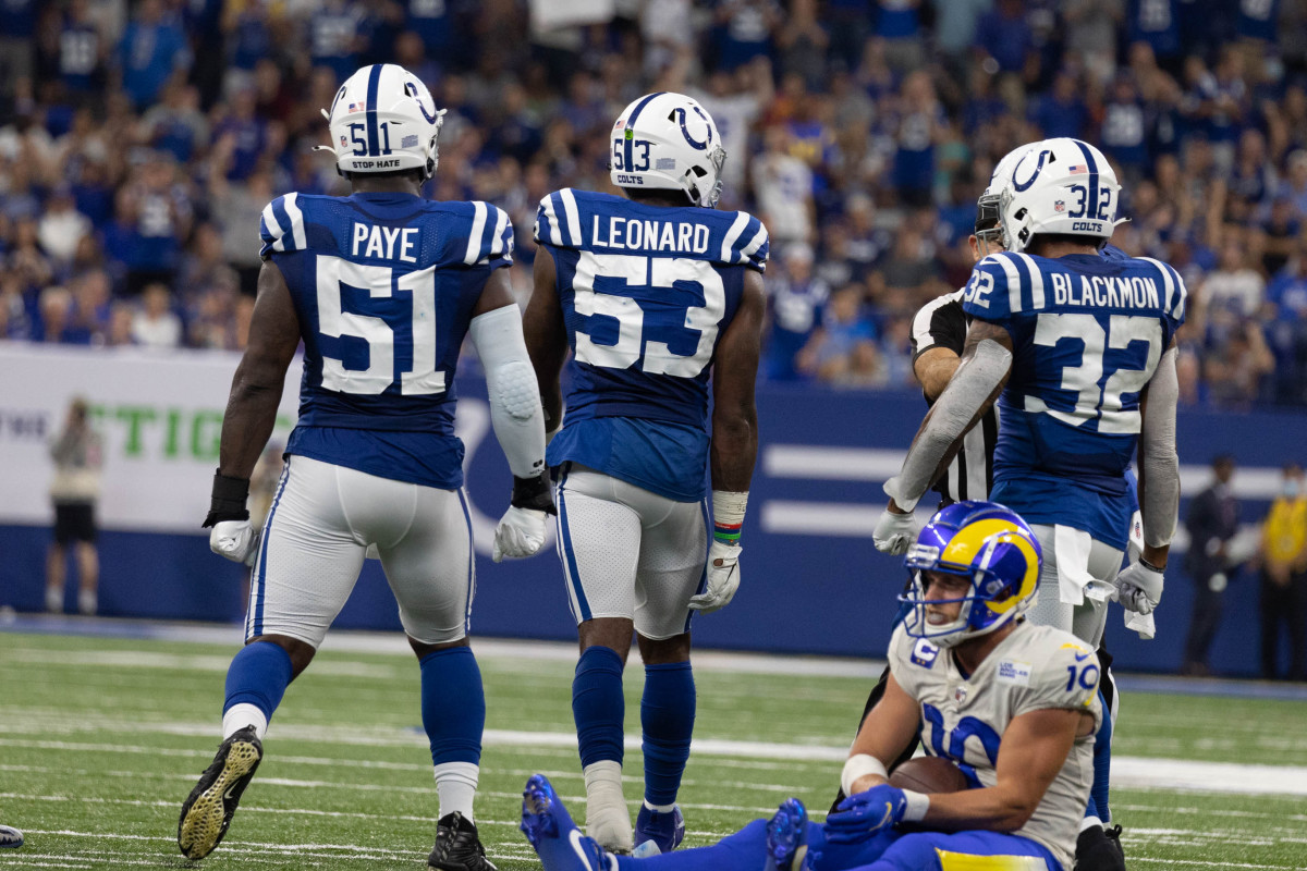 Sep 19, 2021; Indianapolis, Indiana, USA; Indianapolis Colts outside linebacker Darius Leonard (53) celebrates his tackle of Los Angeles Rams wide receiver Cooper Kupp (10) in the second half at Lucas Oil Stadium.