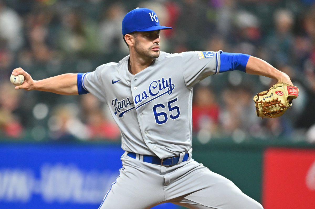 Sep 21, 2021; Cleveland, Ohio, USA; Kansas City Royals relief pitcher Dylan Coleman (65) throws a pitch during the seventh inning against the Cleveland Indians at Progressive Field. Mandatory Credit: Ken Blaze-USA TODAY Sports