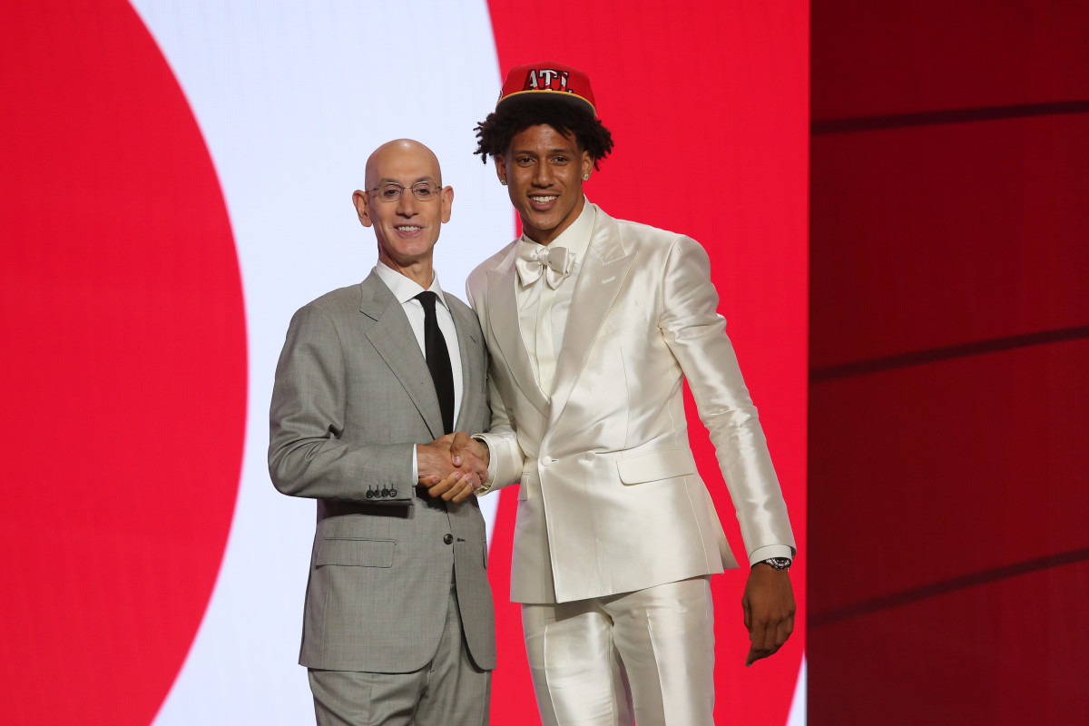 Jalen Johnson (Duke) poses with NBA commissioner Adam Silver after being selected as the number twenty overall pick by the Atlanta Hawks in the first round of the 2021 NBA Draft at Barclays Center.