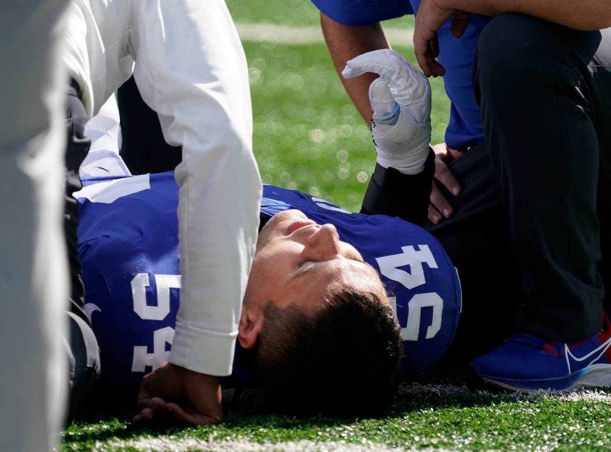 Sep 26, 2021; E. Rutherford, N.J., USA; New York Giants inside linebacker Blake Martinez (54) lays on the field after being injured in a play against the Atlanta Falcons in the first quarter at MetLife Stadium.