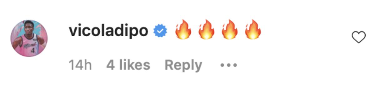 Screenshot captured of comment by Victor Oladipo on Darren Collison's Instagram post from Saturday, September 25.
