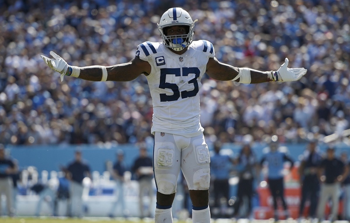 Indianapolis Colts outside linebacker Darius Leonard (53) gestures to the crowd after forcing a fumble against the Tennessee Titans during the second half at Nissan Stadium.