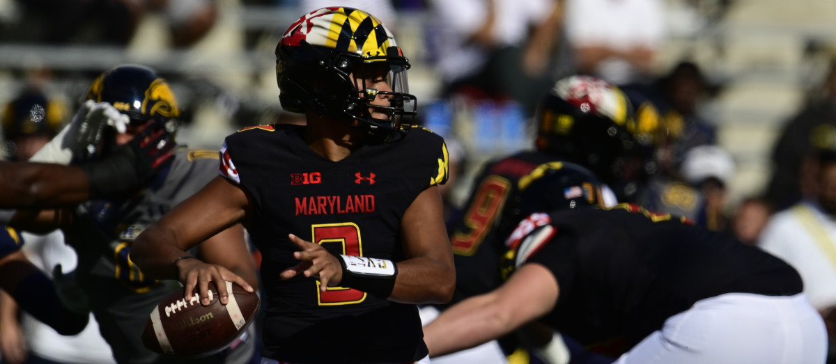 Sep 25, 2021; College Park, Maryland, USA; Maryland Terrapins quarterback Taulia Tagovailoa (3) throws from the pocket during the first half against the Kent State Golden Flashes at Capital One Field at Maryland Stadium.