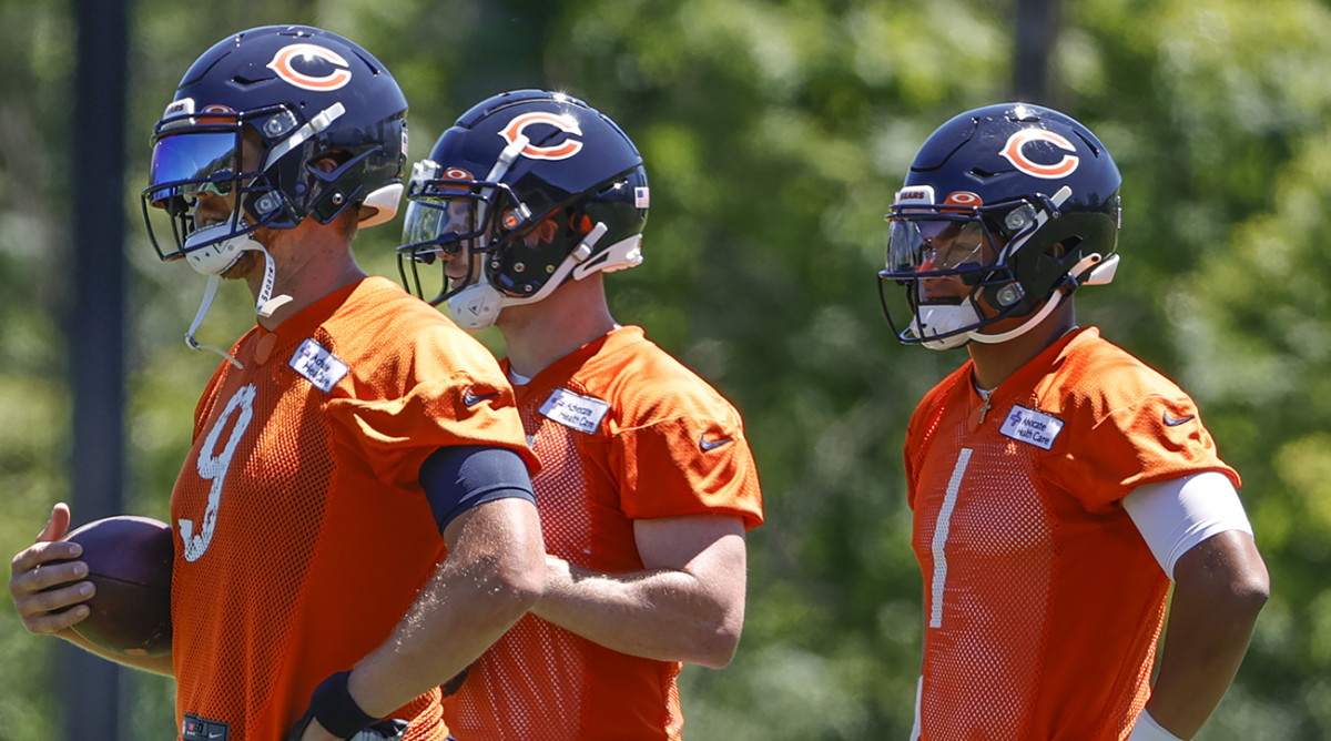 Nick Foles (left), Andy Dalton (middle), Justin Fields (right) with the Bears.