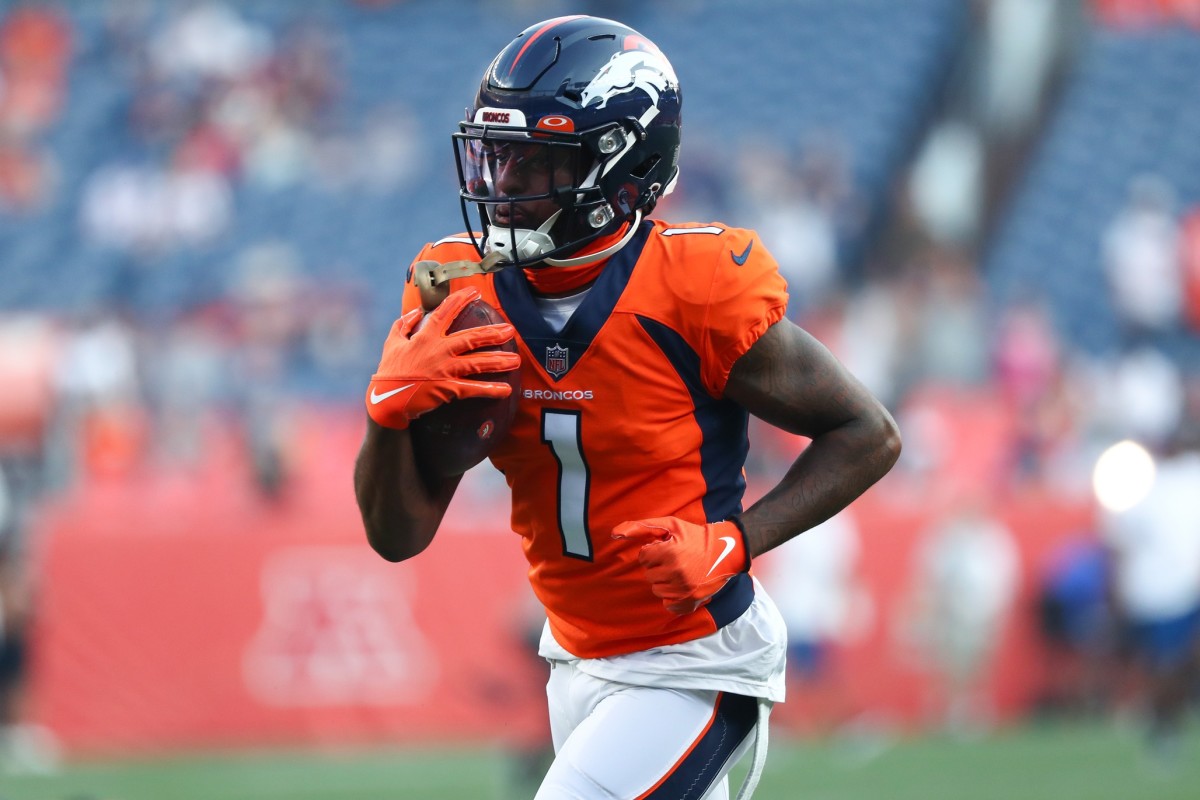 Denver Broncos wide receiver K.J. Hamler (1) warms up before the game against the Los Angeles Rams at Empower Field at Mile High.