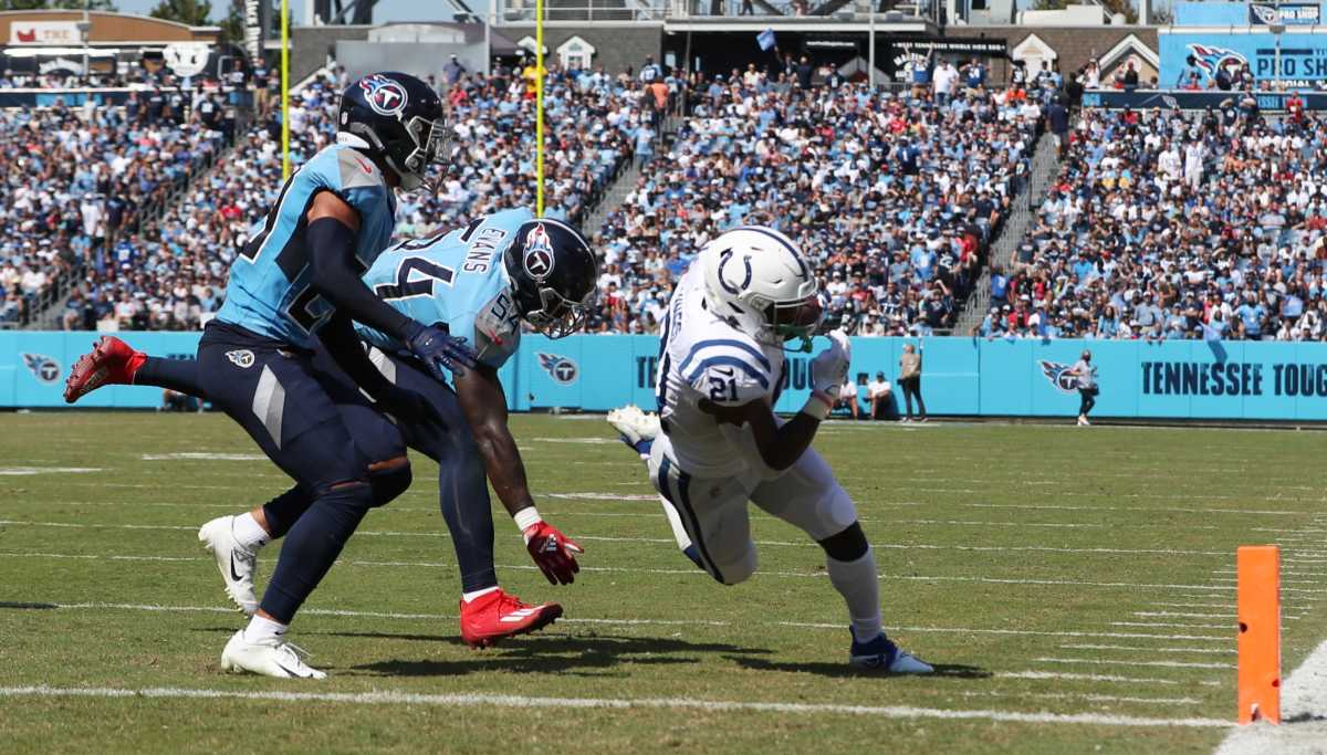 Nyheim Hines, running back for Indianapolis, dives in for this touchdown during first half action on Sunday, Sept. 26, 2021, at Nissan Stadium in Nashville. Indianapolis Colts And Tennessee Titans At Nissan Stadium In Nashville Tenn Sunday Sept 16 2021 In Nfl Week 3