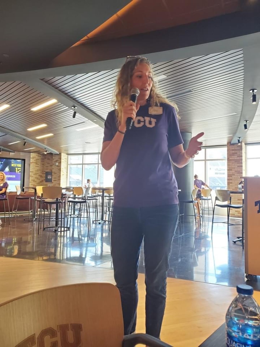 Coach Raegan Pebley introduces the TCU Women’s Basketball team at the annual Ice Cream Social