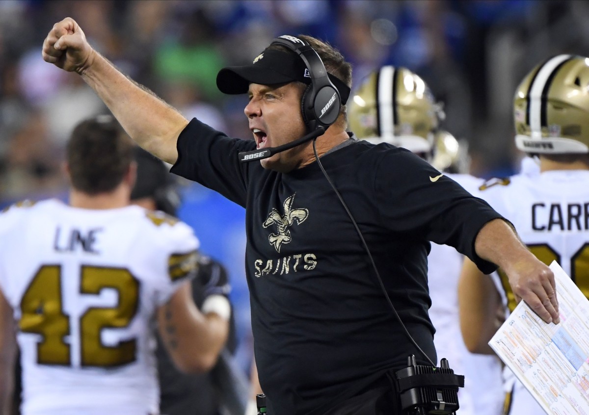 New Orleans Saints head coach Sean Payton reacts to scoring a 4th quarter touchdown against the Giants. Mandatory Credit: Robert Deutsch-USA TODAY Sports