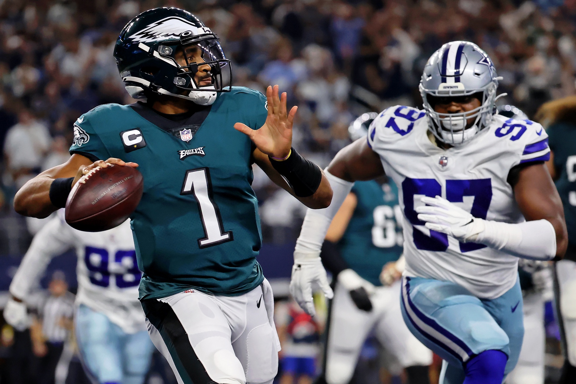 Jalen Hurts struggled most of Monday night against the Cowboys defense