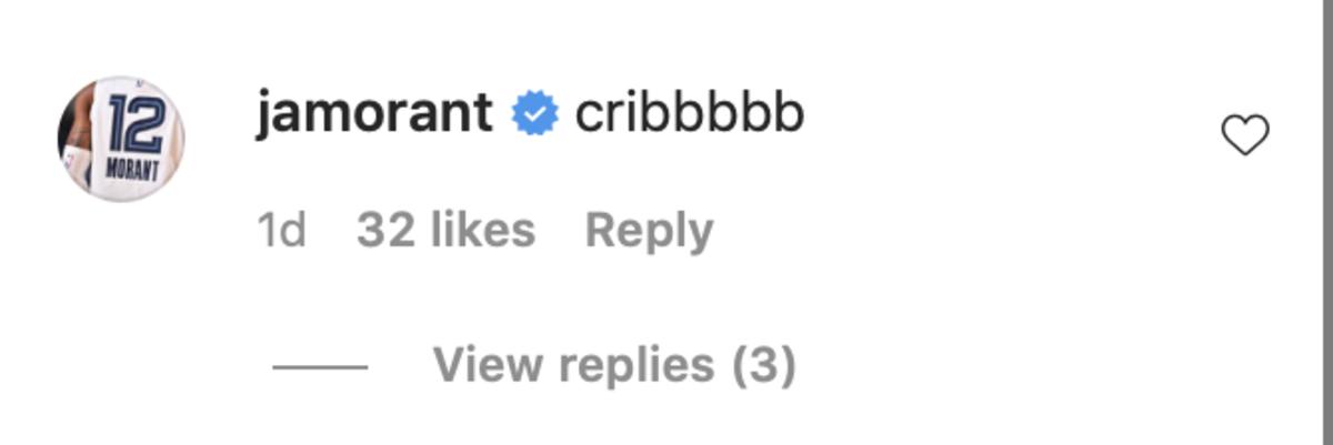 Screenshot of Ja Morant's Instagram comment on Torrey Craig's Instagram post. 
