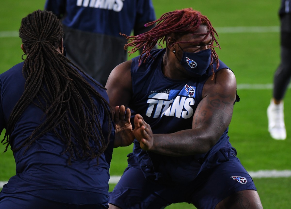 Nov 12, 2020; Nashville, Tennessee, USA; Tennessee Titans offensive tackle Isaiah Wilson (79) warms up before the game against the Indianapolis Colts at Nissan Stadium.