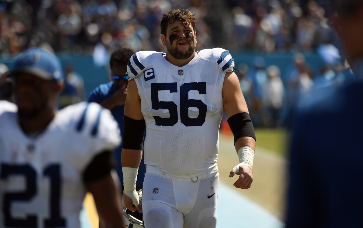 Sep 26, 2021; Nashville, Tennessee, USA; Indianapolis Colts offensive guard Quenton Nelson (56) leaves the field at half against the Tennessee Titans at Nissan Stadium.