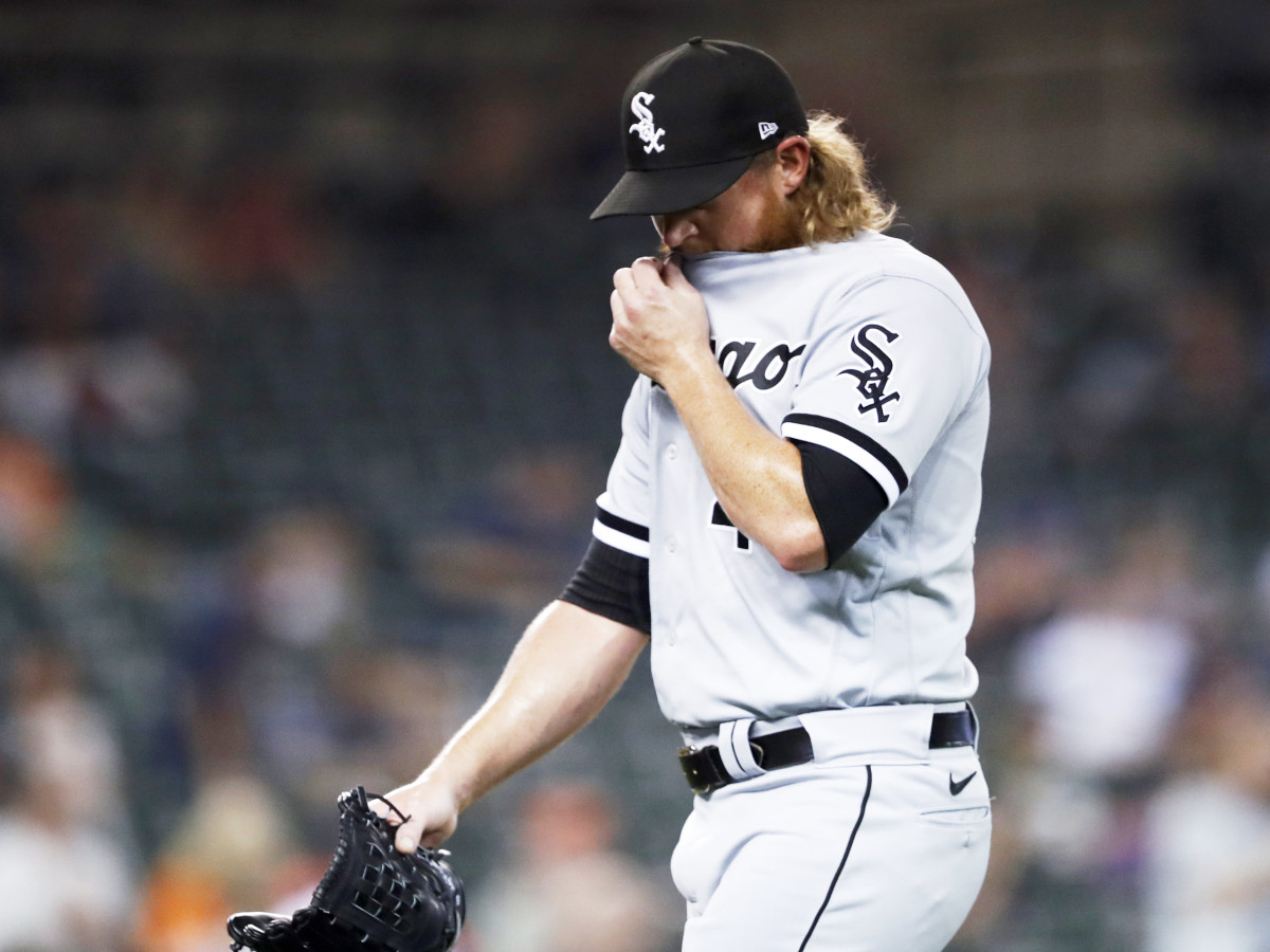 Sep 20, 2021; Detroit, Michigan, USA; Chicago White Sox relief pitcher Craig Kimbrel (46) walks off the field during the eighth inning against the Detroit Tigers at Comerica Park.