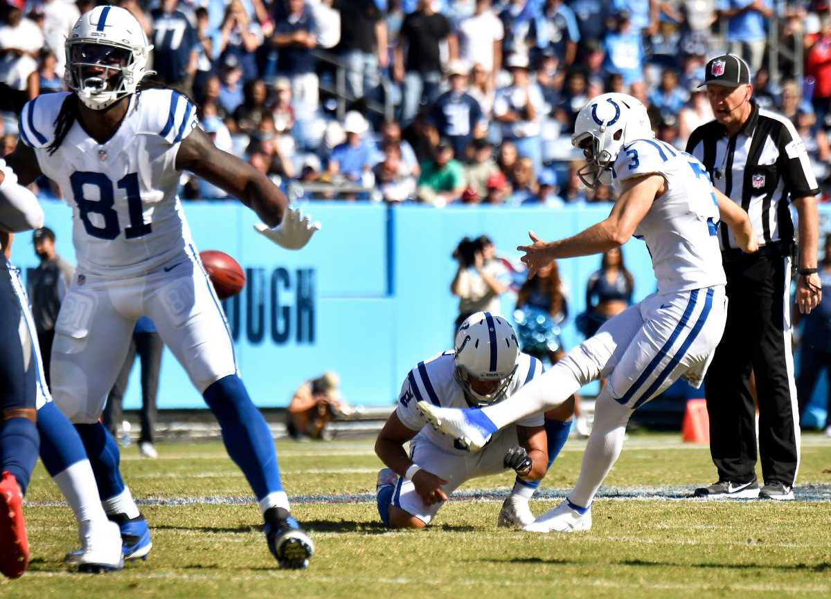 Indianapolis Colts kicker Rodrigo Blankenship (3) misses a field goal attempt in the fourth quarter at Nissan Stadium Sunday, Sept. 26, 2021 in Nashville, Tenn. Titans Colts 244