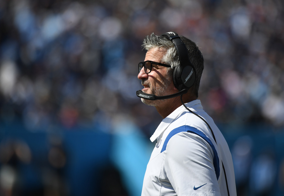 Sep 26, 2021; Nashville, Tennessee, USA; Indianapolis Colts head coach Frank Reich during the first half against the Tennessee Titans at Nissan Stadium. Mandatory Credit: Christopher Hanewinckel-USA TODAY Sports