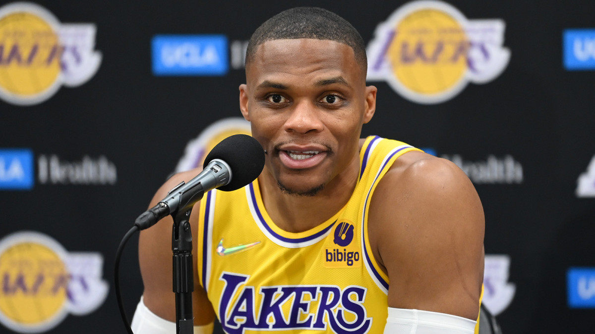 Los Angeles Lakers guard Russell Westbrook (0) answers questions during media day
