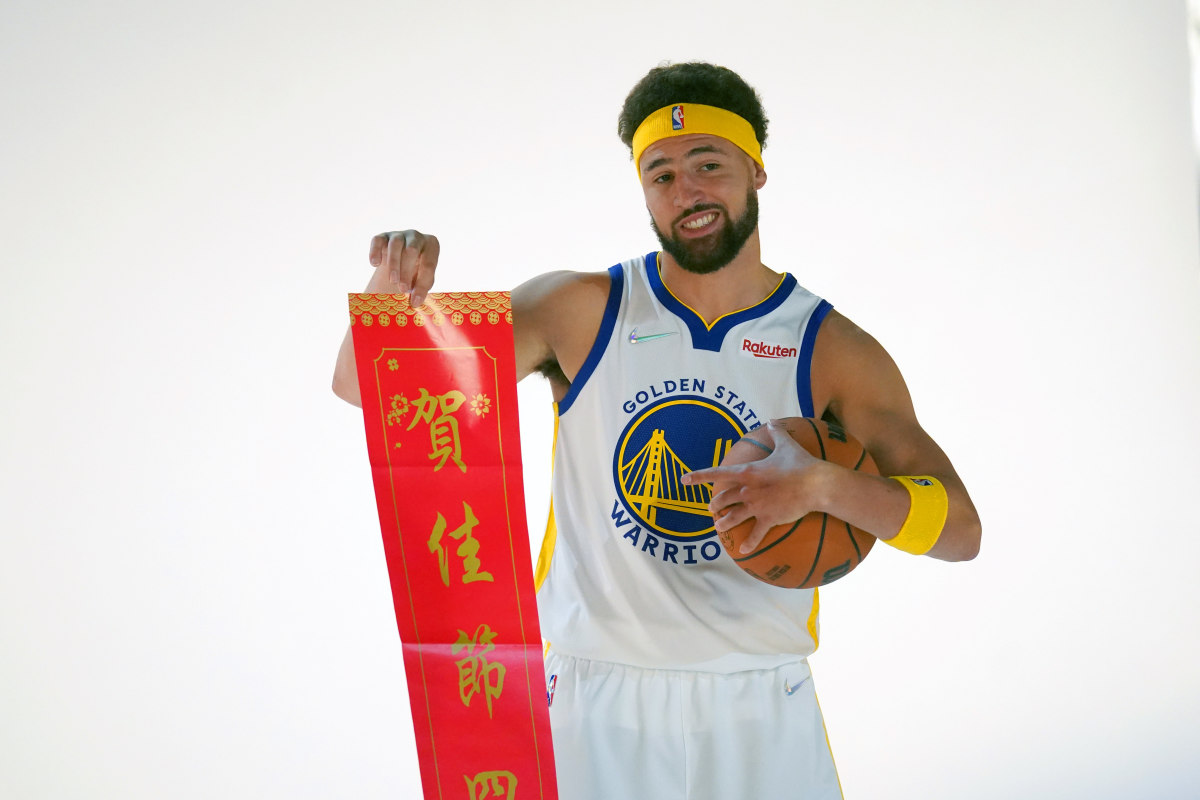 Golden State Warriors guard Klay Thompson (11) poses for a photo during Media Day at the Chase Center.