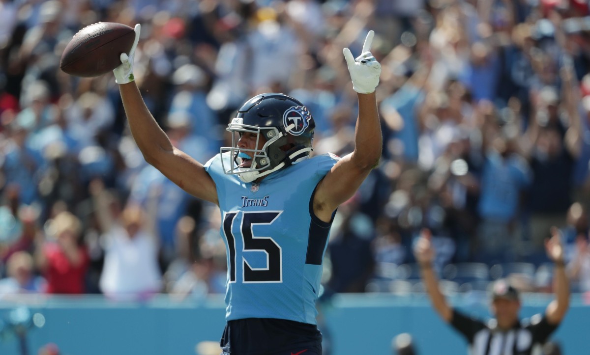 Nick Westbrook-Ikhine celebrates a Titans touchdown during first half action on Sunday, Sept. 26, 2021, at Nissan Stadium in Nashville. Indianapolis Colts And Tennessee Titans At Nissan Stadium In Nashville Tenn