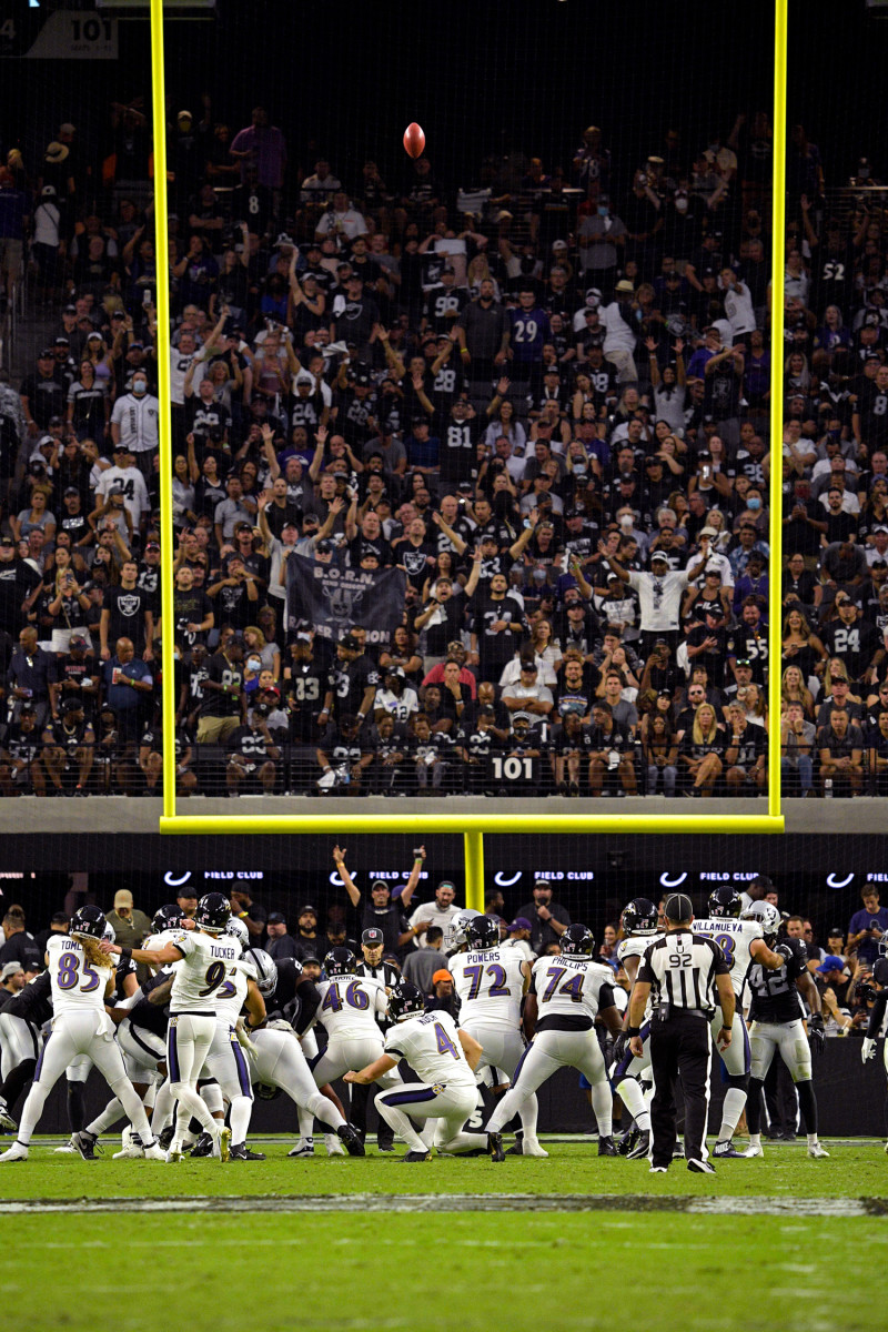 Justin Tucker kicks a game-tying field goal against the Raiders in Week 1 of the 2021 season