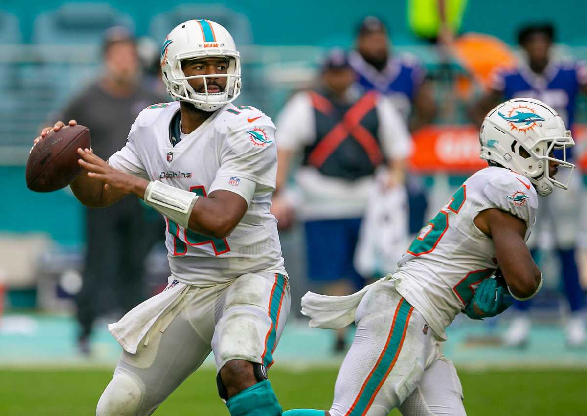 Miami Dolphins Miami Dolphins quarterback Jacoby Brissett (14), in action against Buffalo Bills during NFL game at Hard Rock Stadium Sunday in Miami Gardens. Dolphins V Bills 09