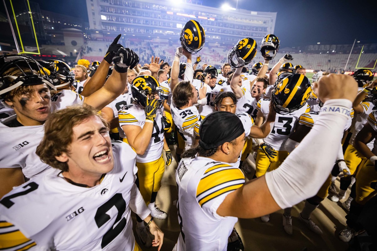 Iowa Hawkeyes players celebrates after a game against the Maryland Terrapins at Capital One Field at Maryland Stadium. Mandatory Credit: Scott Taetsch-USA TODAY Sports
