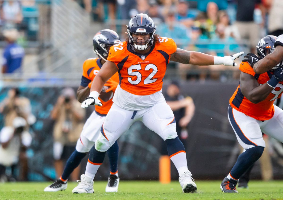 Denver Broncos guard Netane Muti (52) against the Jacksonville Jaguars at TIAA Bank Field.