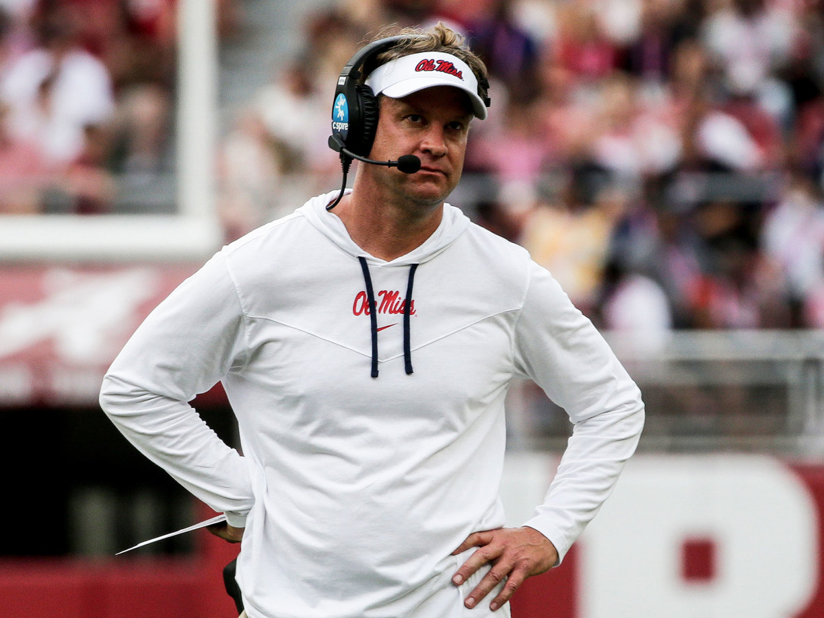 Ole Miss coach Lane Kiffin reacts to a turnover by his team