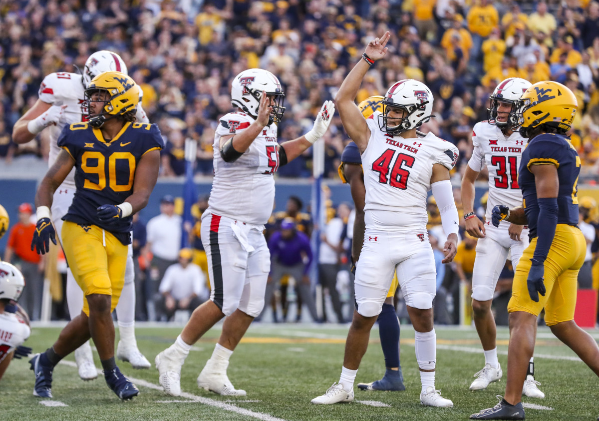 Oct 2, 2021; Morgantown, West Virginia, USA; Texas Tech Red Raiders place kicker Jonathan Garibay (46) celebrates after kicking the go ahead field goal late in the fourth quarter against the West Virginia Mountaineers at Mountaineer Field at Milan Puskar Stadium.