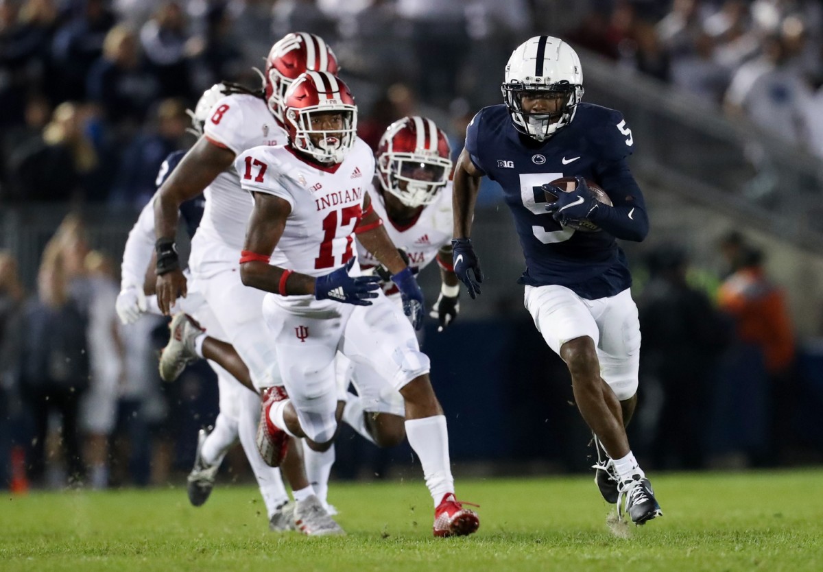 Penn State wide receiver Jahan Dotson breaks into the open past Indiana defender Jonathan Haynes during the Nittany Lions' 24-0 victory on Saturday night. (USA TODAY Sports)