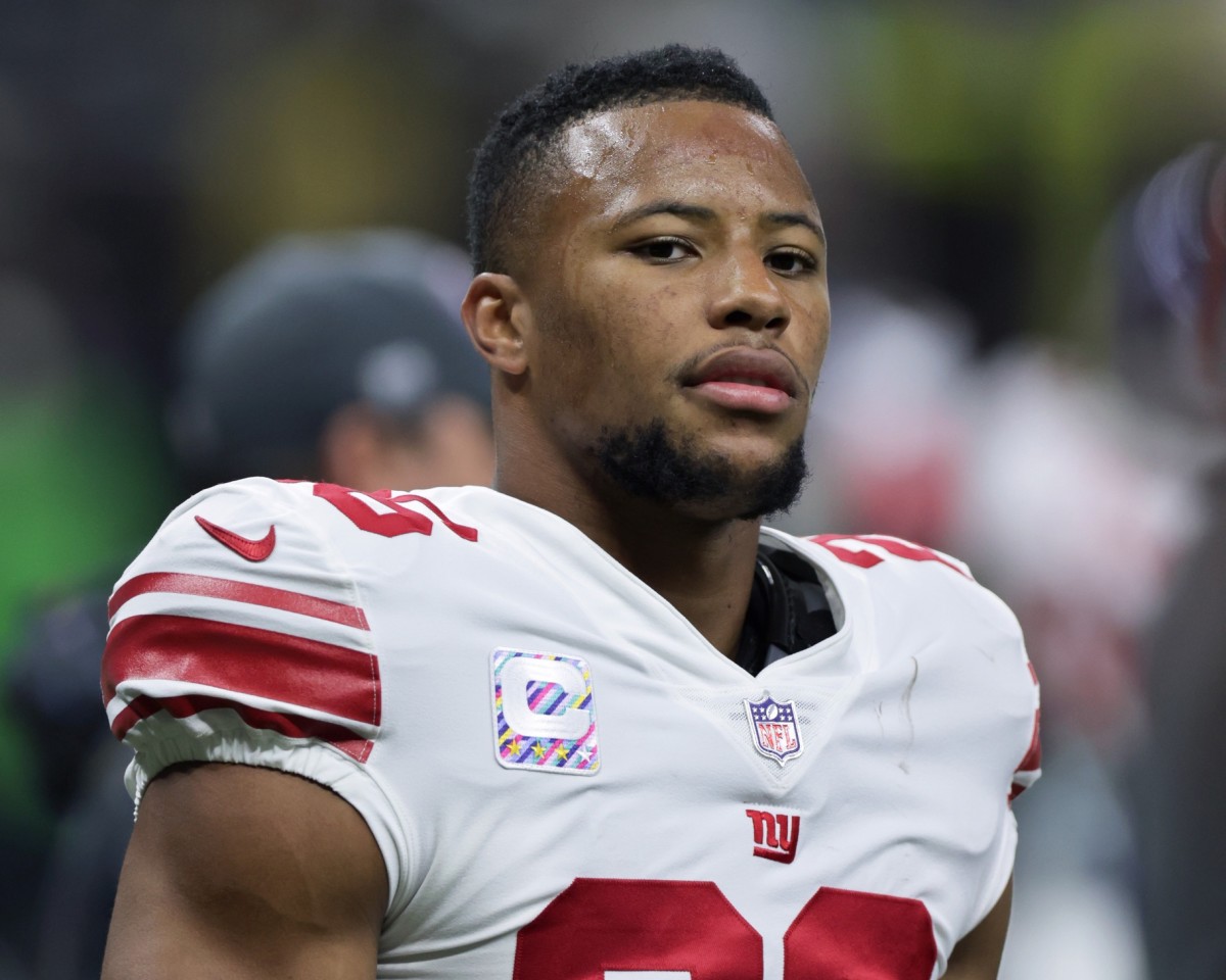 Oct 3, 2021; New Orleans, Louisiana, USA; New York Giants running back Saquon Barkley (26) looks on before the game against New Orleans Saints at Caesars Superdome.