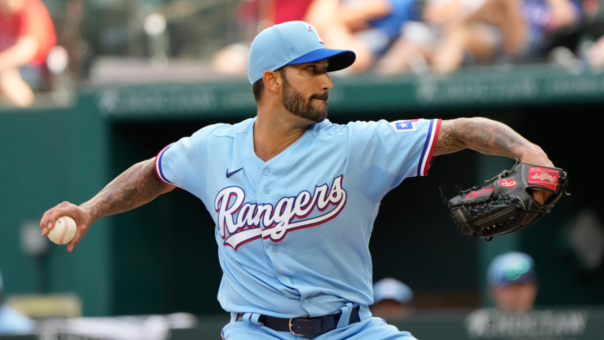 Oct 3, 2021; Arlington, Texas, USA; Texas Rangers relief pitcher Matt Bush delivers a pitch to the Cleveland Indians during the sixth inning at Globe Life Field. Mandatory Credit: Jim Cowsert-USA TODAY Sports