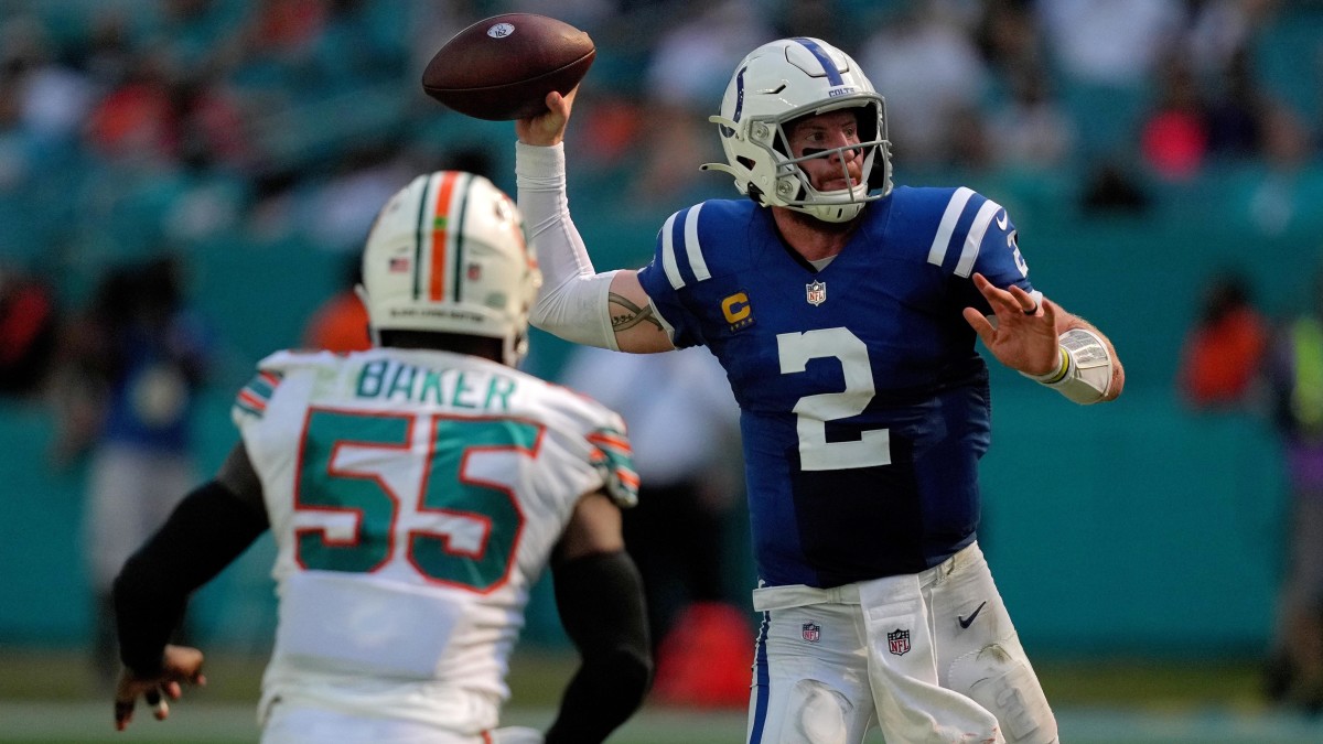 Indianapolis Colts quarterback Carson Wentz (2) attempts a pass against the Miami Dolphins during the second half at Hard Rock Stadium.