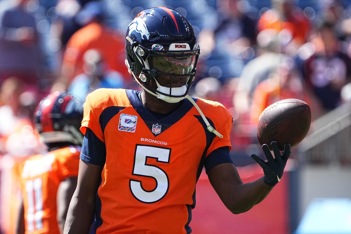 Denver Broncos quarterback Teddy Bridgewater (5) prior to the game against the Baltimore Ravens at Empower Field at Mile High.