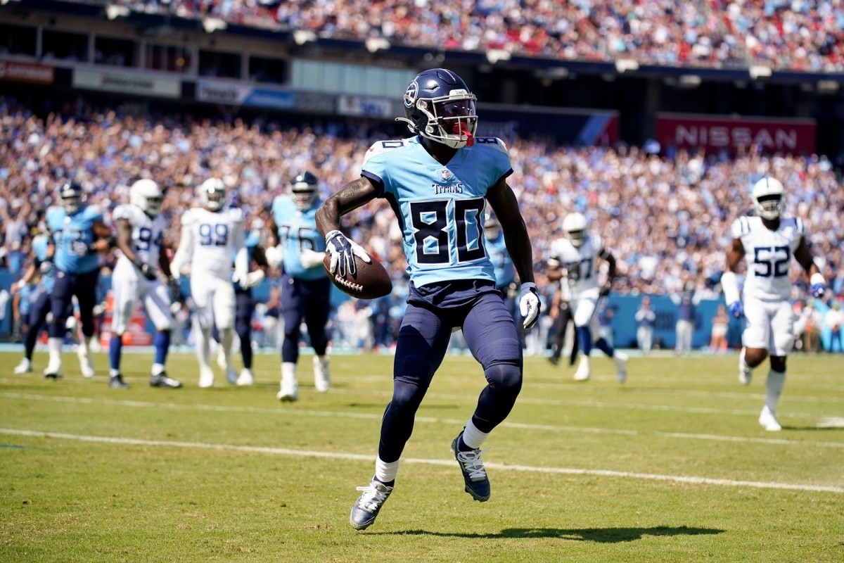 Tennessee Titans wide receiver Chester Rogers (80) celebrates a touchdown during the first quarter against the Colts at Nissan Stadium Sunday, Sept. 26, 2021 in Nashville, Tenn.