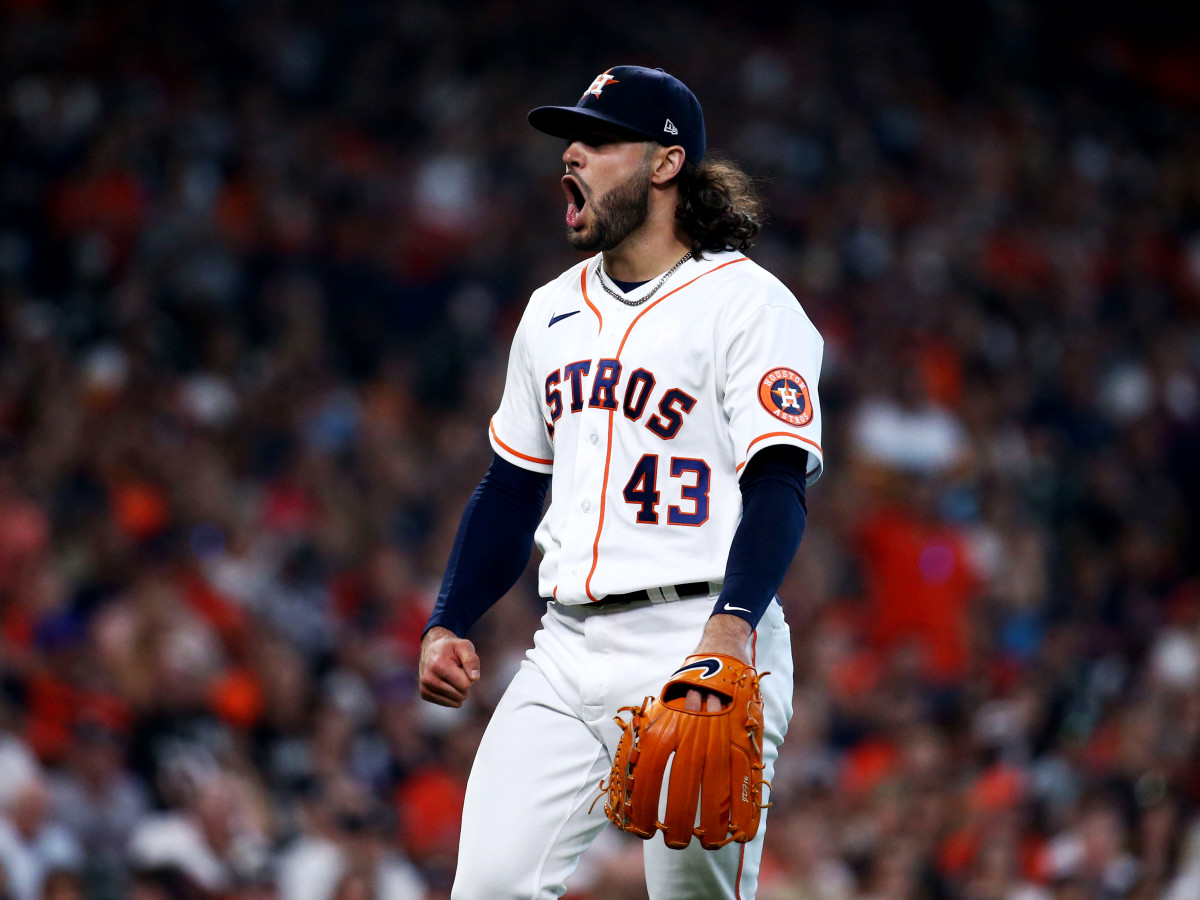 Oct 7, 2021; Houston, Texas, USA; Houston Astros starting pitcher Lance McCullers Jr. (43) celebrates during the fifth inning against the Chicago White Sox in game one of the 2021 ALDS at Minute Maid Park.