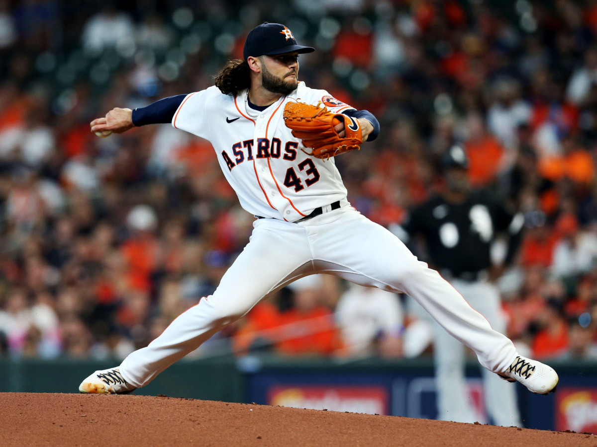 Oct 7, 2021; Houston, Texas, USA; Houston Astros starting pitcher Lance McCullers Jr. (43) throws a pitch against the Chicago White Sox during the first inning in game one of the 2021 ALDS at Minute Maid Park.