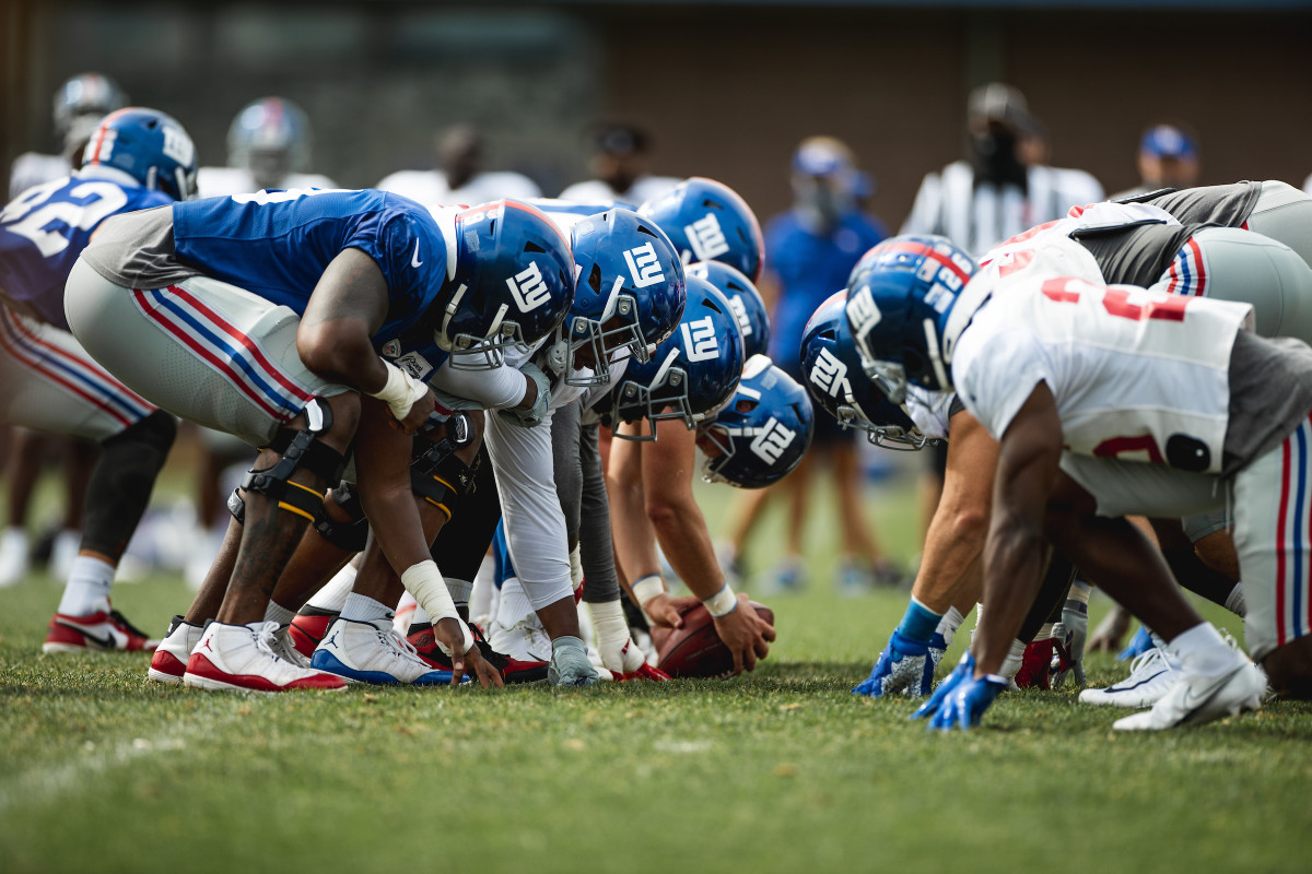 The New York Giants line up for an 11-on-11 drill during a 2020 training camp practice at the team's East Rutherford, New Jersey headquarters.