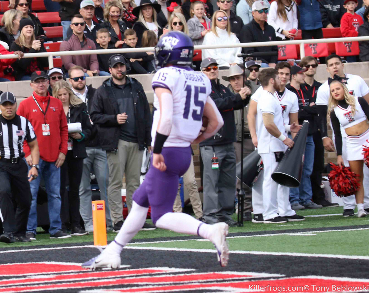 Quarterback Max Duggan scores a touchdown in the TCU Horned Frogs game at Texas Tech in 2019.
