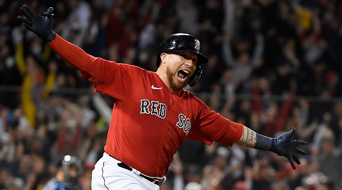 Boston Red Sox catcher Christian Vazquez (7) reacts after hitting a walk-off two run home run against the Tampa Bay Rays during the thirteenth inning in game three of the 2021 ALDS at Fenway Park.