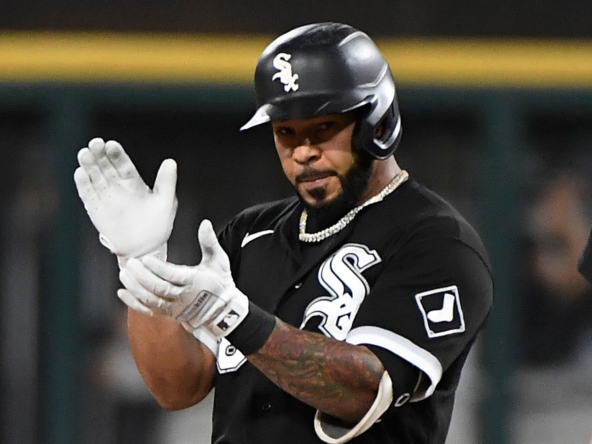 Chicago White Sox right fielder Leury Garcia (28) reacts after hitting a one run double against the Houston Astros during the eighth inning in game three of the 2021 ALDS at Guaranteed Rate Field.